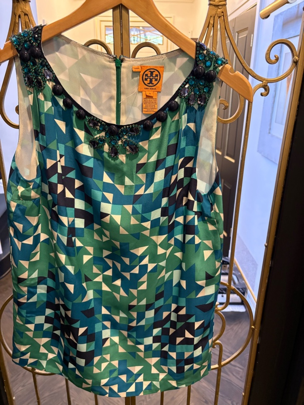 Tory Burch Teal & Navy Beaded Geometric Silk Tank silk bling beads size 10